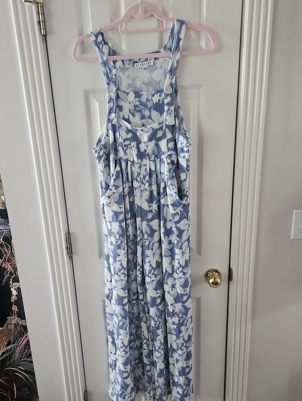 Blakely Blue & White Floral Overall Jumpsuit, Sz S/M, Stretchy